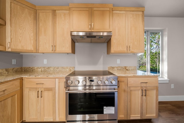 kitchen with baseboards, electric stove, light brown cabinetry, and under cabinet range hood