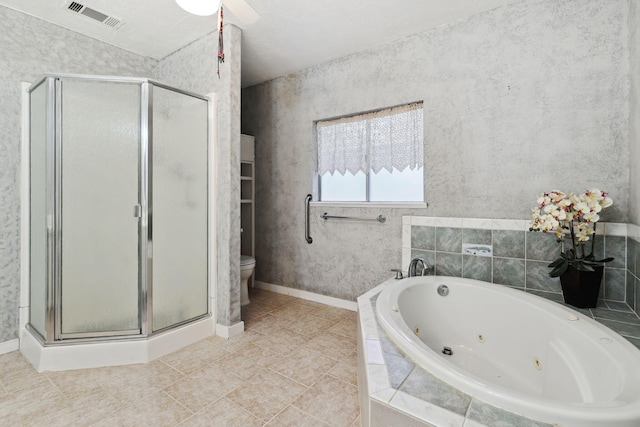 bathroom featuring visible vents, a whirlpool tub, a shower stall, and tile patterned flooring