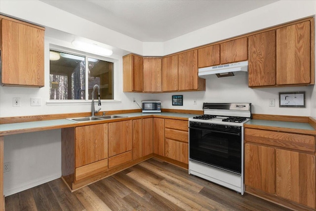 kitchen featuring dark wood finished floors, brown cabinets, under cabinet range hood, a sink, and gas stove