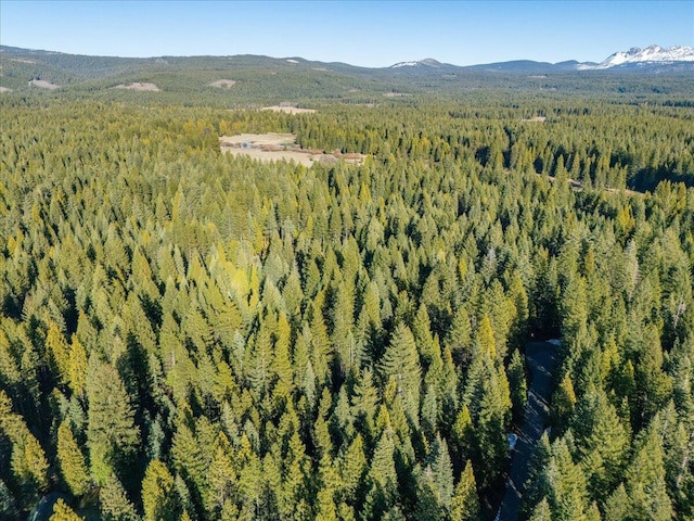 birds eye view of property with a mountain view and a wooded view