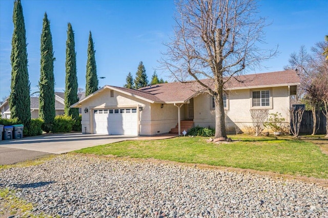 ranch-style house with a garage, driveway, crawl space, a front lawn, and stucco siding