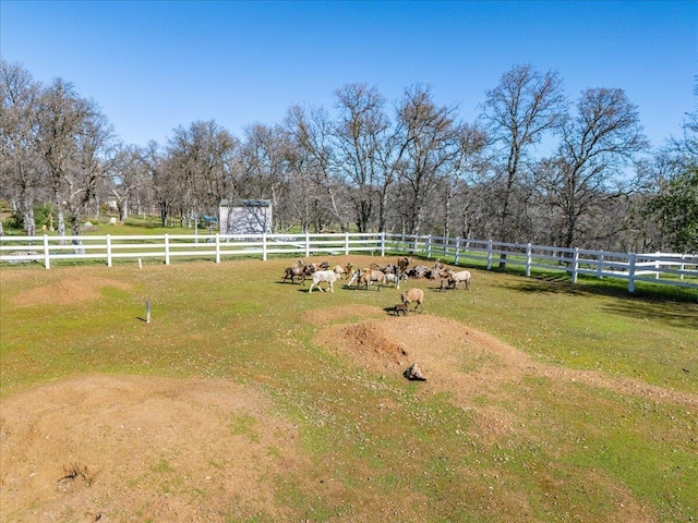 view of yard with a garage, a rural view, and fence