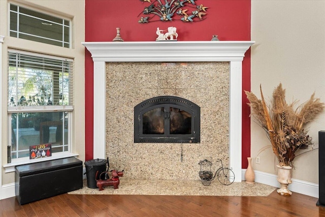 interior details featuring wood finished floors, a high end fireplace, and baseboards