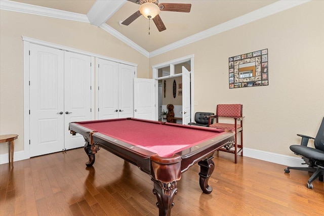 playroom with baseboards, lofted ceiling with beams, ornamental molding, wood finished floors, and pool table