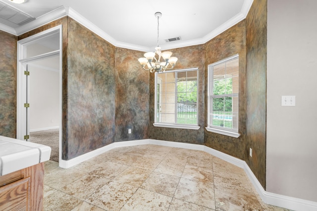 dining room featuring crown molding, baseboards, a chandelier, and visible vents