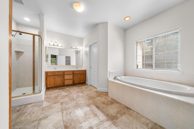bathroom with a stall shower, a sink, a bath, visible vents, and double vanity