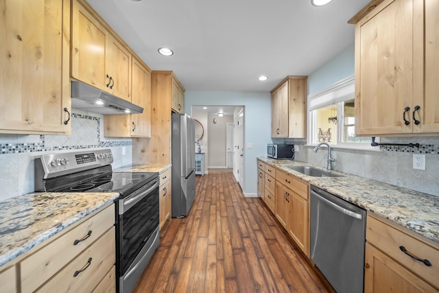 kitchen featuring under cabinet range hood, stainless steel appliances, light brown cabinets, and a sink