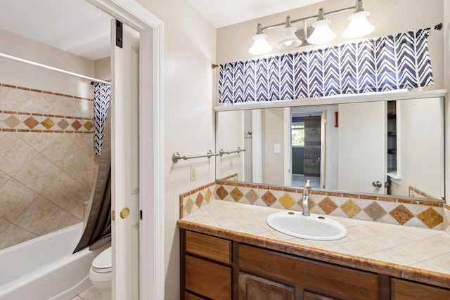 bathroom featuring toilet, tasteful backsplash, shower / bath combination with curtain, and vanity