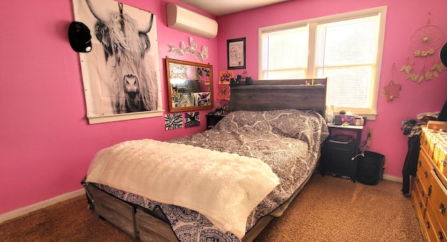 carpeted bedroom with a wall mounted air conditioner and baseboards