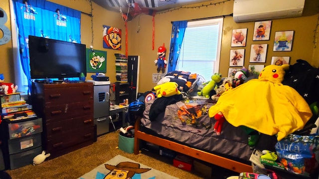 bedroom featuring a wall mounted AC and carpet flooring