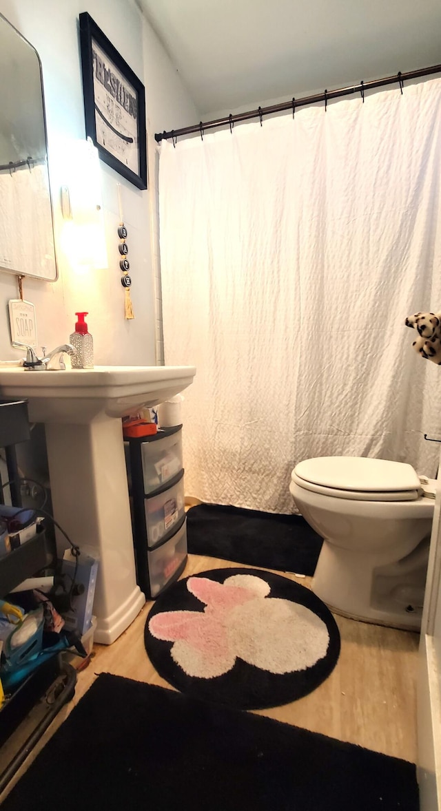 full bathroom featuring a shower with shower curtain, wood finished floors, and toilet