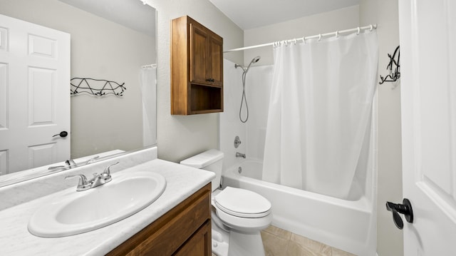 bathroom with toilet, vanity, and shower / bath combination with curtain
