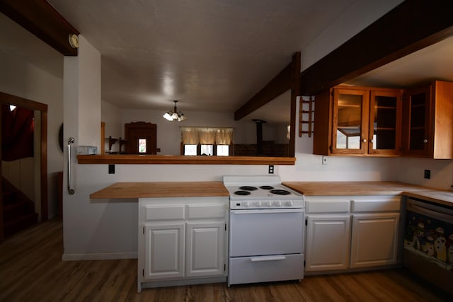 kitchen with white electric range, dark wood-type flooring, glass insert cabinets, and white cabinets