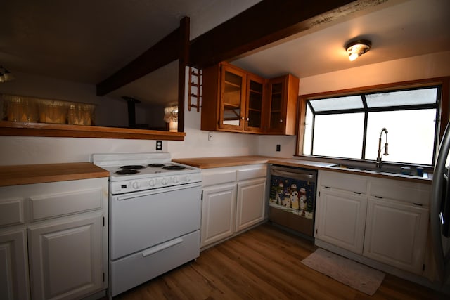 kitchen with white electric range, stainless steel dishwasher, dark wood-type flooring, white cabinets, and a sink