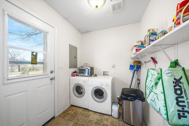 washroom with a toaster, visible vents, laundry area, electric panel, and independent washer and dryer