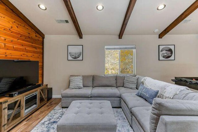 18260 Racoon Dr, Lakehead, CA 96051 - living room with lofted ceiling with beams, wood finished floors, visible vents, and recessed lighting