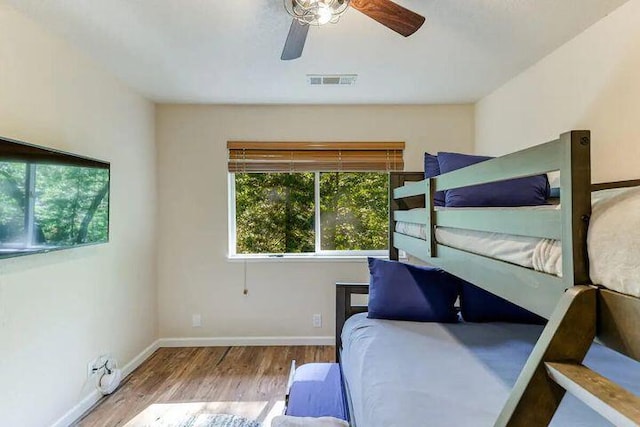 18260 Racoon Dr, Lakehead, CA 96051 - bedroom featuring a ceiling fan, visible vents, baseboards, and wood finished floors