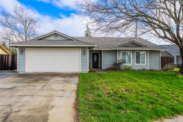 ranch-style house with driveway, roof with shingles, an attached garage, fence, and a front lawn