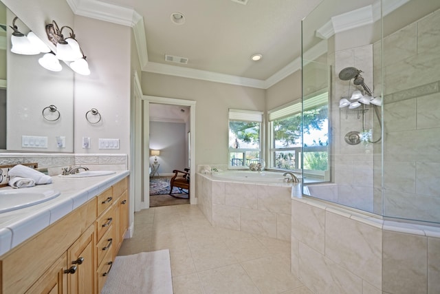 bathroom featuring visible vents, ornamental molding, tile patterned flooring, tiled shower, and a bath