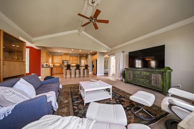 living room featuring ornamental molding, high vaulted ceiling, baseboards, and a ceiling fan