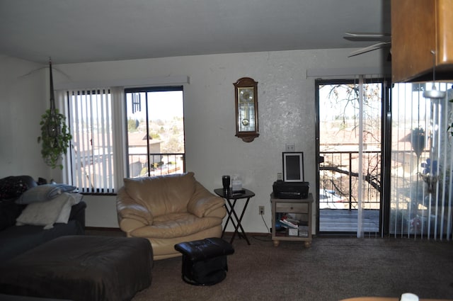 living area with carpet, a textured wall, and ceiling fan