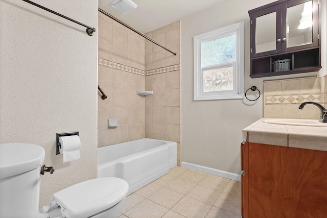 bathroom with visible vents, backsplash, toilet, tile patterned flooring, and baseboards
