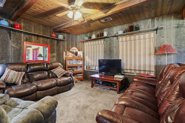 carpeted living room with wood ceiling, visible vents, ceiling fan, and beamed ceiling