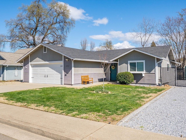 ranch-style house featuring driveway, a front lawn, a garage, and fence