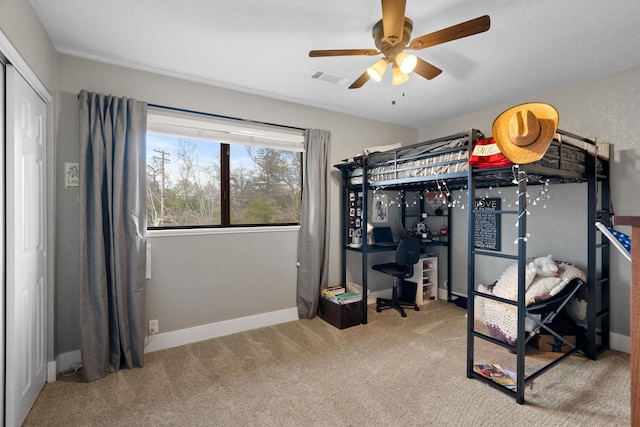 3300 Forest Hills Dr, Redding, CA 96002 - bedroom with a ceiling fan, carpet flooring, visible vents, and baseboards