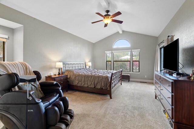 3300 Forest Hills Dr, Redding, CA 96002 - bedroom featuring light carpet, baseboards, a ceiling fan, high vaulted ceiling, and beam ceiling