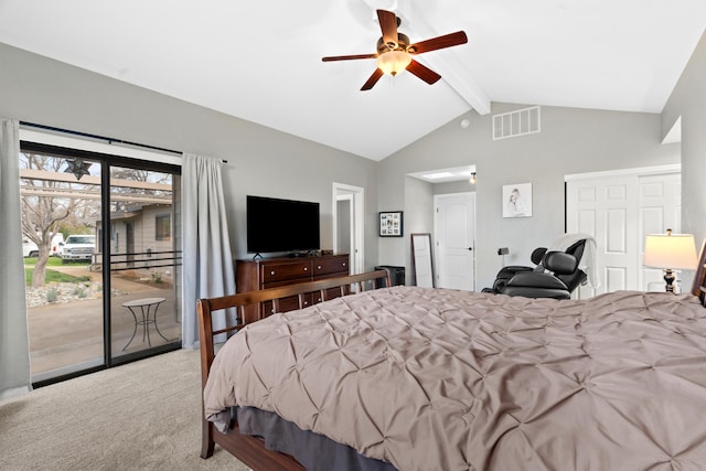 3300 Forest Hills Dr, Redding, CA 96002 - bedroom with carpet flooring, visible vents, a ceiling fan, access to outside, and beam ceiling