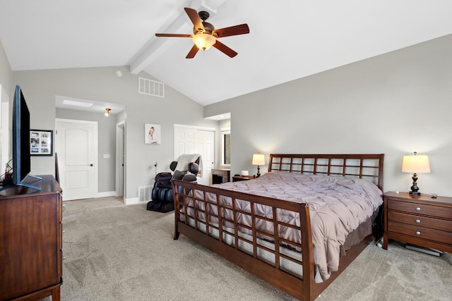 3300 Forest Hills Dr, Redding, CA 96002 - carpeted bedroom featuring vaulted ceiling with beams, ceiling fan, visible vents, baseboards, and a closet