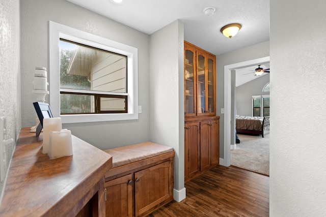 3300 Forest Hills Dr, Redding, CA 96002 - hall featuring lofted ceiling, dark wood-style floors, baseboards, and a textured wall