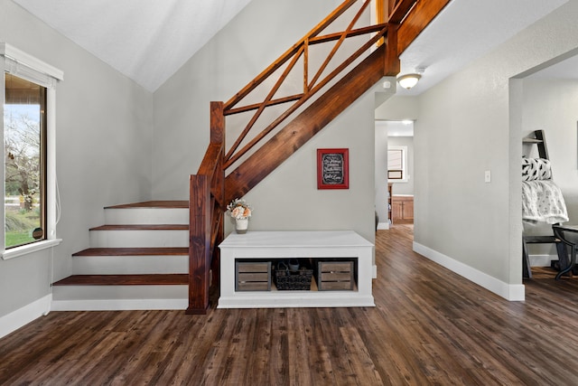 3300 Forest Hills Dr, Redding, CA 96002 - stairs featuring baseboards, vaulted ceiling, and wood finished floors