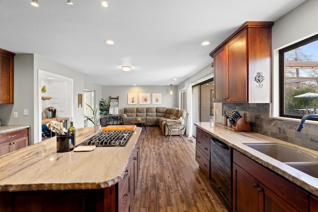 3300 Forest Hills Dr, Redding, CA 96002 - kitchen featuring dishwasher, dark wood-style floors, backsplash, gas cooktop, and a sink