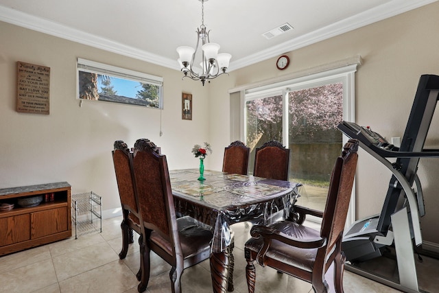 dining area featuring a notable chandelier, ornamental molding, visible vents, and a healthy amount of sunlight