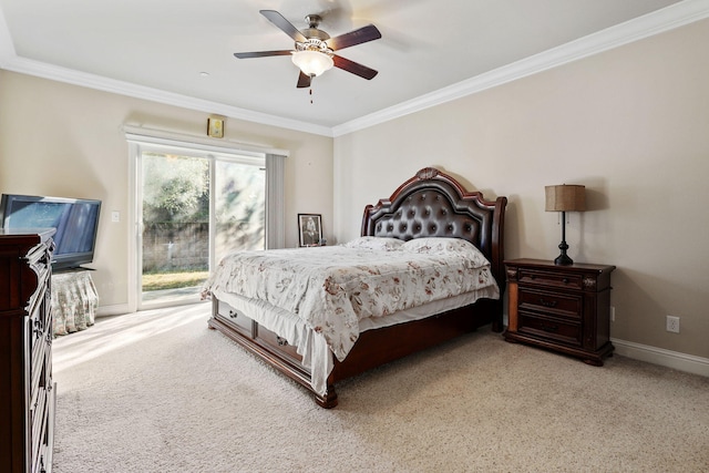 bedroom with access to exterior, ornamental molding, a ceiling fan, light carpet, and baseboards