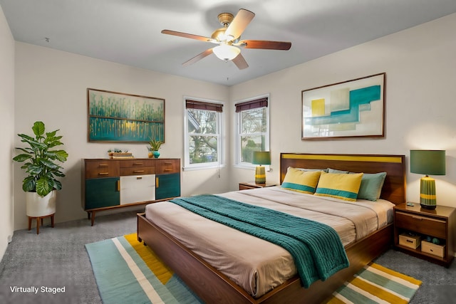 carpeted bedroom featuring a ceiling fan