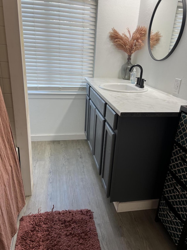 bathroom with baseboards, wood finished floors, and vanity