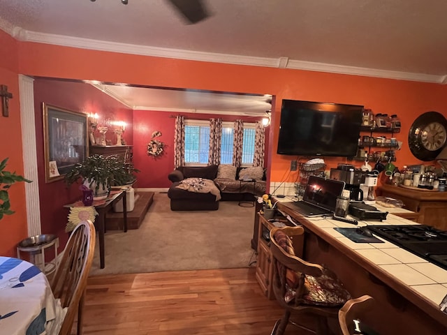 living area with light wood-type flooring and crown molding