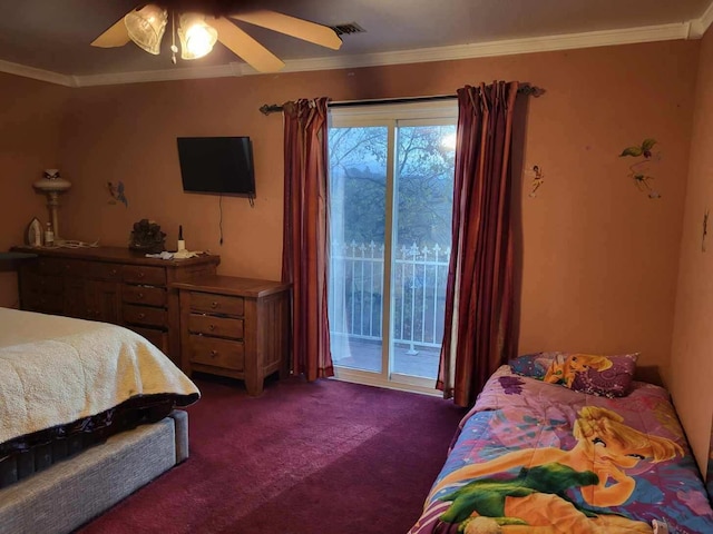 bedroom featuring visible vents, a ceiling fan, access to exterior, ornamental molding, and dark colored carpet