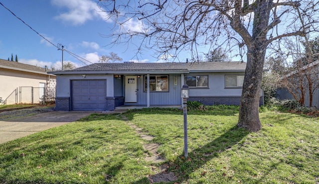 ranch-style home with brick siding, concrete driveway, fence, a garage, and a front lawn