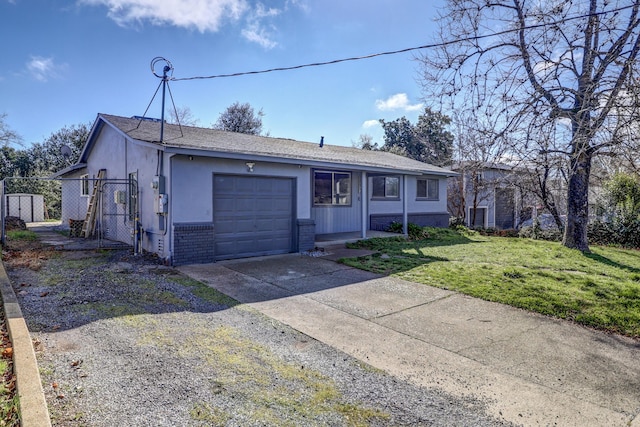 single story home with brick siding, stucco siding, concrete driveway, a garage, and a front lawn