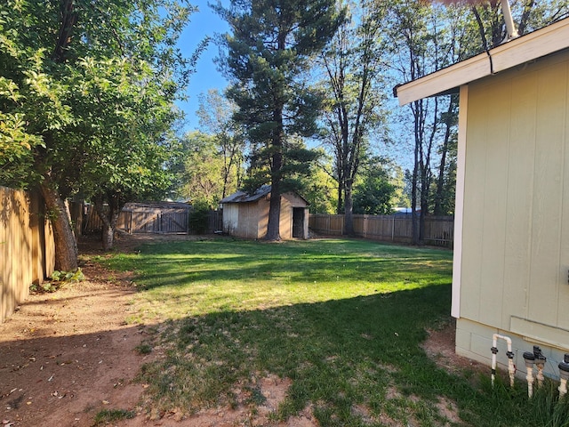 view of yard featuring a storage unit, an outdoor structure, and a fenced backyard