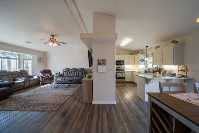 living area with plenty of natural light, visible vents, dark wood-type flooring, and ceiling fan