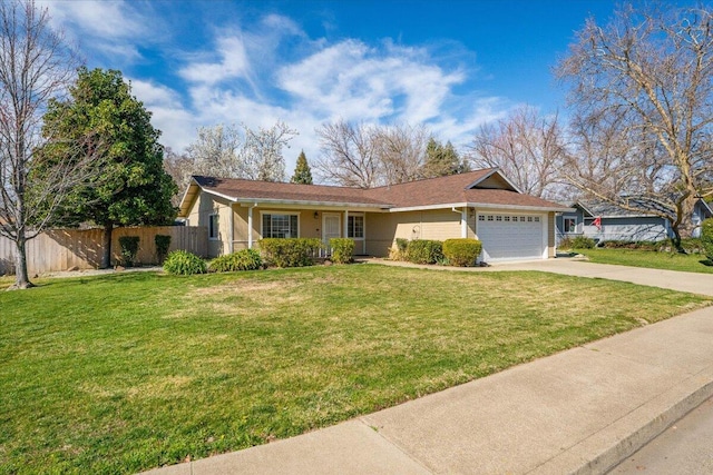 ranch-style home with driveway, a garage, fence, and a front lawn