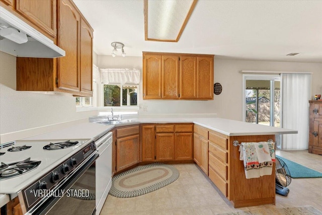 kitchen featuring a healthy amount of sunlight, a sink, white dishwasher, a peninsula, and under cabinet range hood