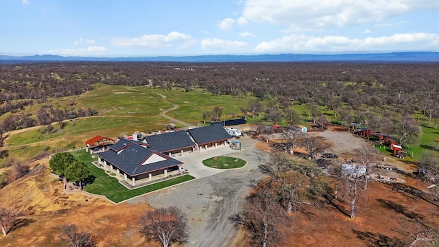 bird's eye view featuring a mountain view and a view of trees