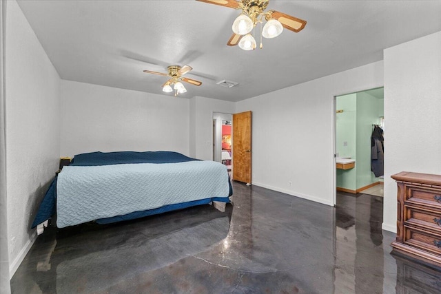 bedroom with finished concrete flooring, baseboards, visible vents, and ceiling fan