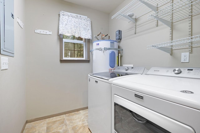 laundry room featuring laundry area, strapped water heater, baseboards, and separate washer and dryer